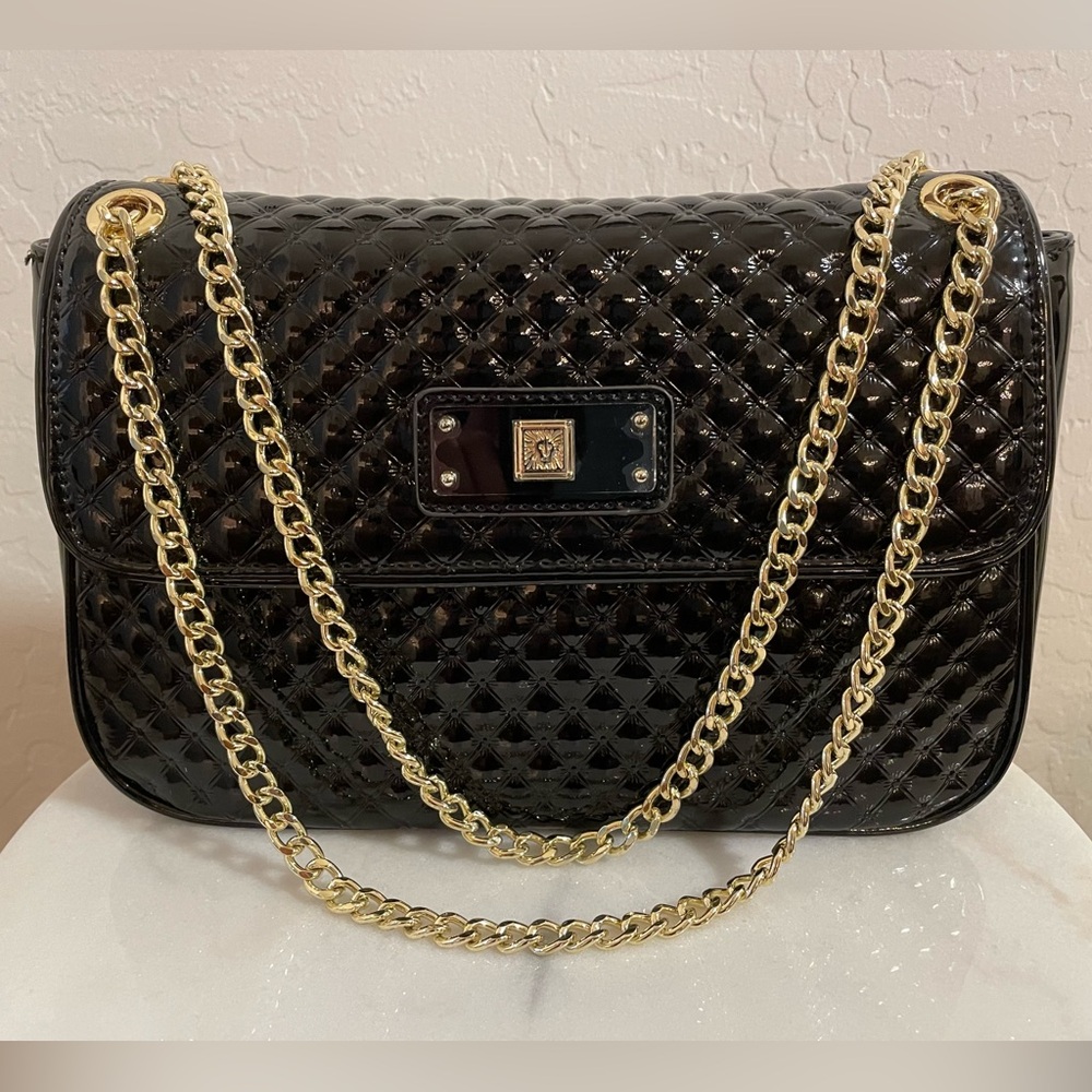 Anne Klein Quilted Black Bag with Gold Chain
